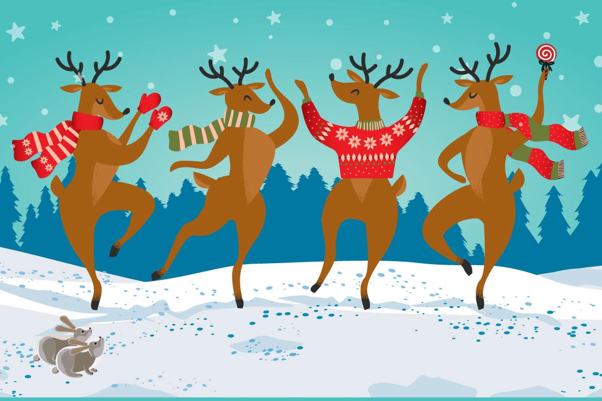 Four reindeer dancing with scarves on with a snowy background.